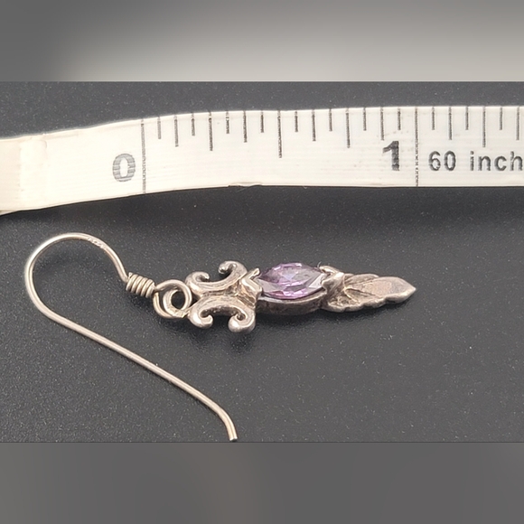 Antique Silver Dangle Earrings Marquise-cut Purple Amethyst Marked - Picture 7 of 17